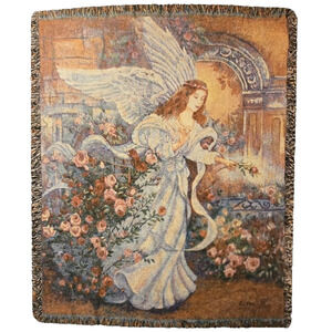 NWT Tapestry Angel of Love Throw Blanket Lena Liu 50X60 Fringed Roses Garden